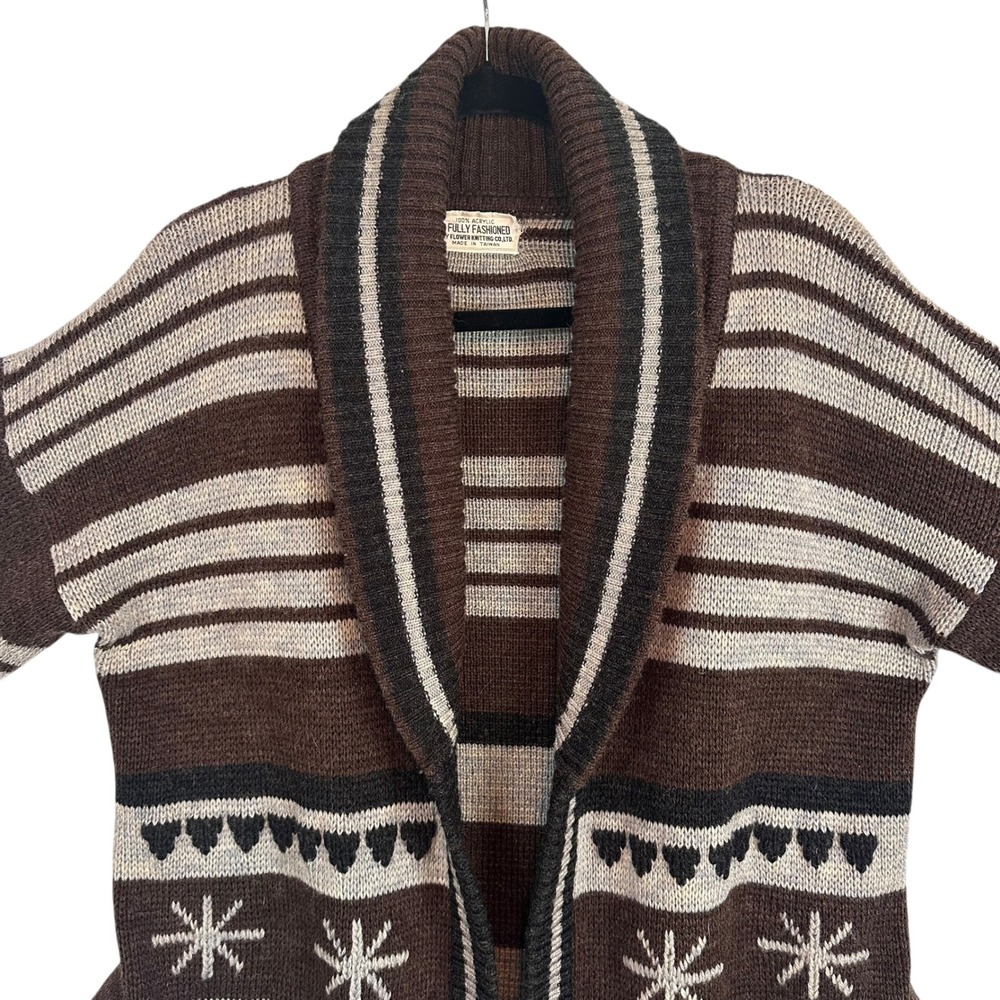 Fair Isle Cardigan Sweater Belted Chunky Knit Vintage Grandpa Unisex M - Picture 5 of 10
